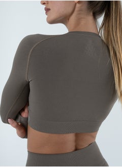 Bernessi Turkiye Nylon Long Sleeve Crop Top with Round Neck Women's Cropped T Shirt for Workout Yoga Running Exercise Textured Grey Monsoon  - Image 3