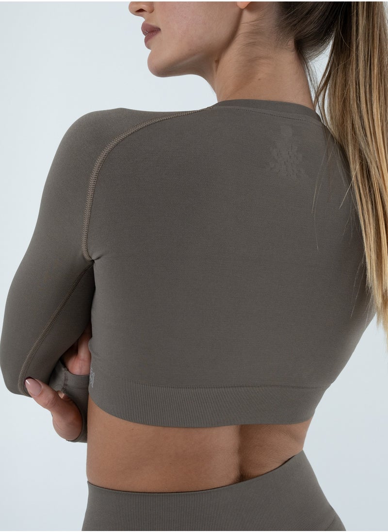 Bernessi Turkiye Nylon Long Sleeve Crop Top with Round Neck Women's Cropped T Shirt for Workout Yoga Running Exercise Textured Grey Monsoon  - Image 3