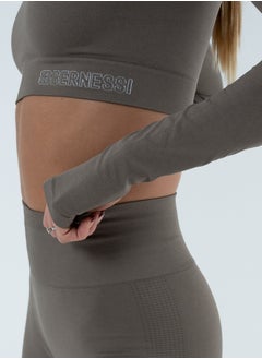 Bernessi Turkiye Nylon Long Sleeve Crop Top with Round Neck Women's Cropped T Shirt for Workout Yoga Running Exercise Textured Grey Monsoon  - Image 2