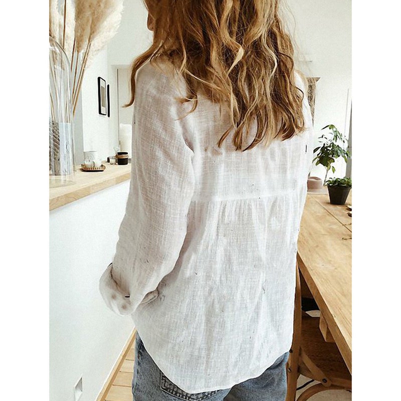 2021 Solid Color Casual Loose Long Sleeve Linen Shirt Ready Stock With Sleeves Shirt Women - Image 5