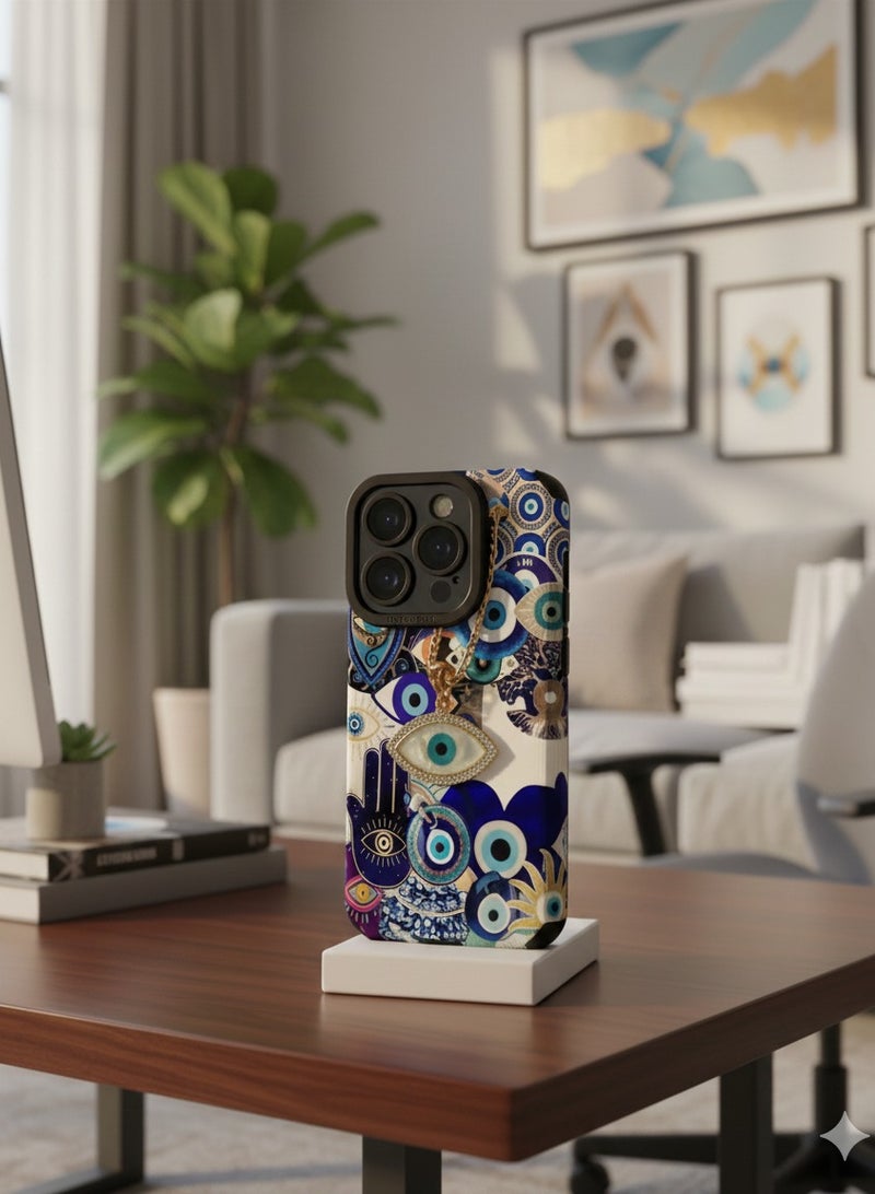 Grace Evil Eye & Hamsa Hand Phone Case for iPhone 16 pro max – Blue Aesthetic Protection Symbol Cover - Image 1