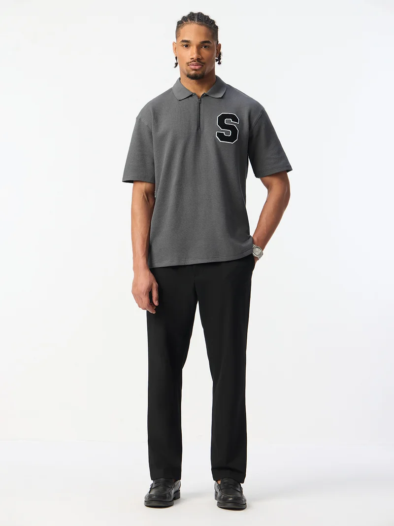 The Souled Store  The Souled Store: Storm Men and Boys Short Sleeve Spread Collar Dark Grey Embroidered Cotton Blend Oversized Fit Waffle Textured Modern Streetwear Everyday Polo Shirts  | Best Price UAE