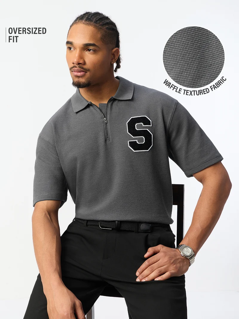 The Souled Store: Storm Men and Boys Short Sleeve Spread Collar Dark Grey Embroidered Cotton Blend Oversized Fit Waffle Textured Modern Streetwear Everyday Polo Shirts