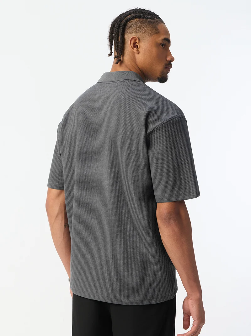 The Souled Store  The Souled Store: Storm Men and Boys Short Sleeve Spread Collar Dark Grey Embroidered Cotton Blend Oversized Fit Waffle Textured Modern Streetwear Everyday Polo Shirts  | Best Price UAE