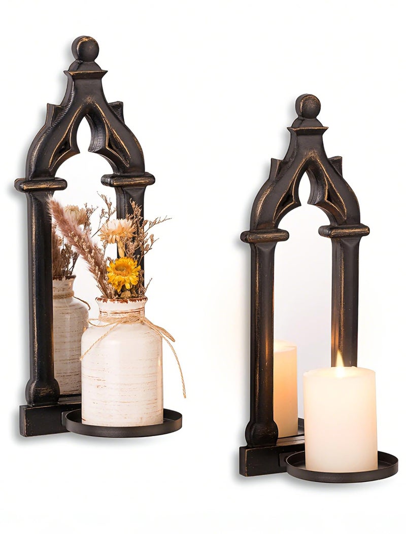 Walasis Candle Sconces Black Wall Decor - Gothic Dark Mirror Wall Candle Holder for Halloween Art Decorations - Wood Farmhouse Candles Sconce Set of 2 for Home Fireplace - Image 1