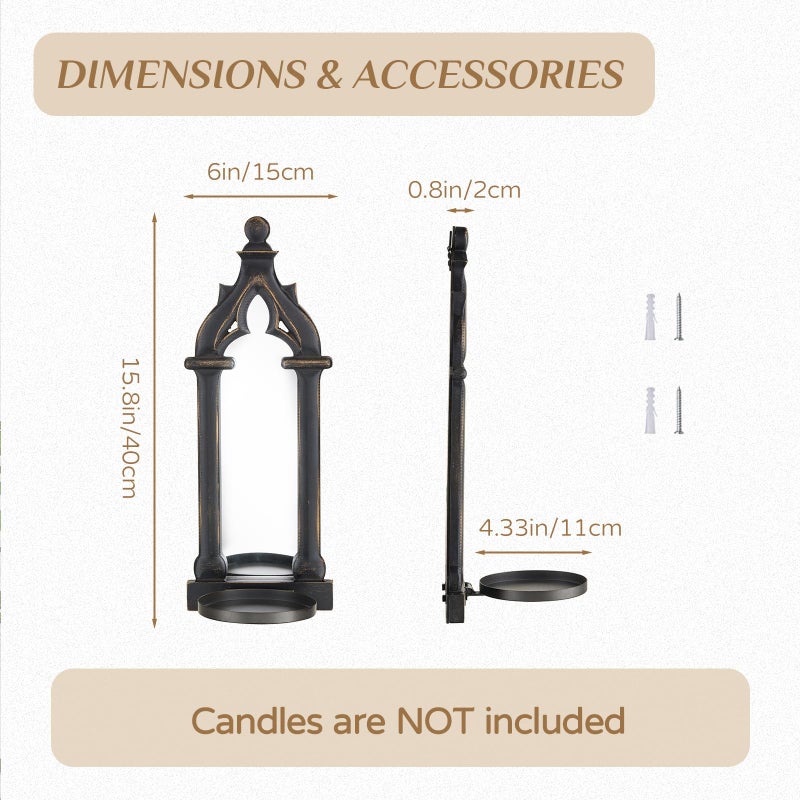 Walasis Candle Sconces Black Wall Decor - Gothic Dark Mirror Wall Candle Holder for Halloween Art Decorations - Wood Farmhouse Candles Sconce Set of 2 for Home Fireplace - Image 3