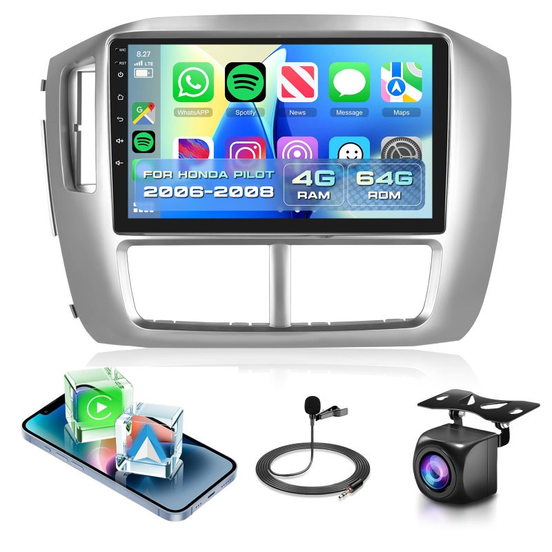 Podofo 4G+64G Car Radio Stereo for Honda Pilot 2006 2007 2008 with Wireless CarPlay Android Auto, 9 Inch 1280 * 720P IPS Touch Screen Android 13 GPS WiFi Bluetooth 32-Band DSP SWC HD Camera - Image 1