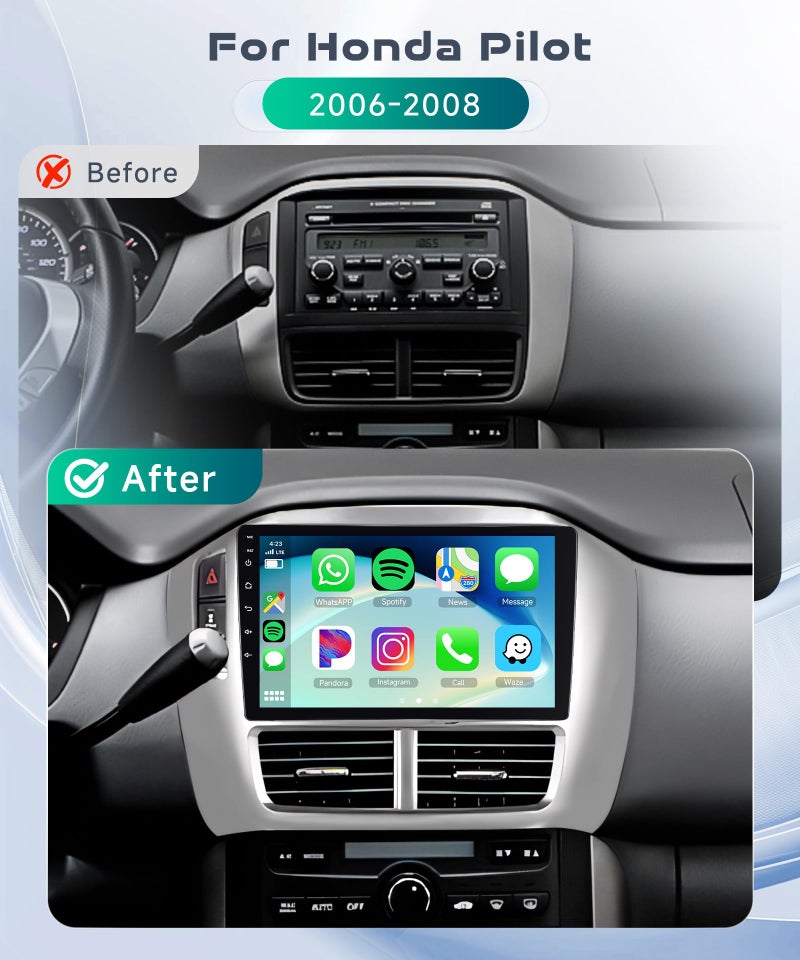 Podofo 4G+64G Car Radio Stereo for Honda Pilot 2006 2007 2008 with Wireless CarPlay Android Auto, 9 Inch 1280 * 720P IPS Touch Screen Android 13 GPS WiFi Bluetooth 32-Band DSP SWC HD Camera - Image 2