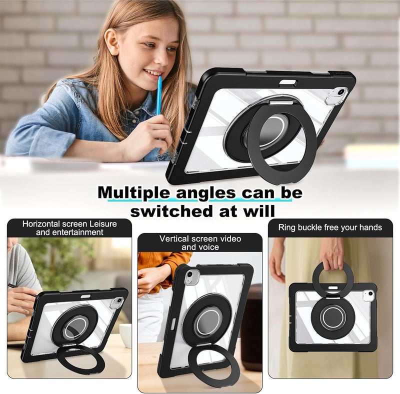 OSALO Case for iPad Air 11 2024/2025 with 360 Rotatable Ring Handle Grip Stand, Shockproof Tablet Protective Cover with Clear Back, Black - Image 4