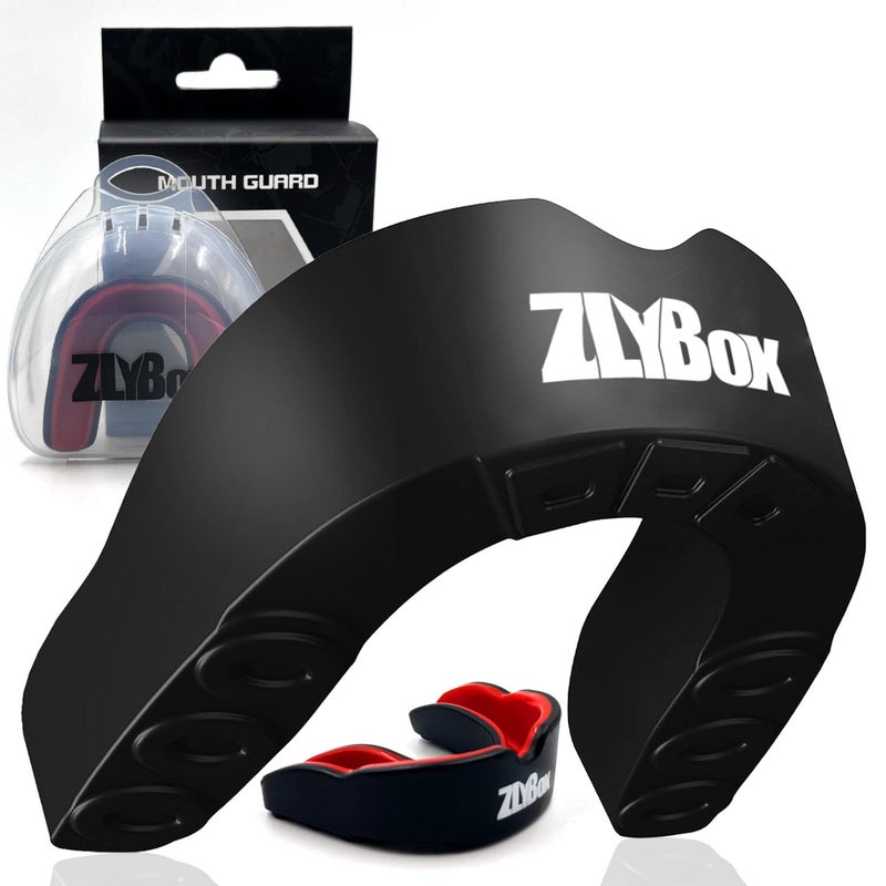 ZLYBox Dual-Layer Sports Mouth Guard for Adults & Youth with Case - Dental Protection for Boxing, Football, MMA, Hockey, Basketball, Lacrosse & All Contact Sports (Black red) - Image 1