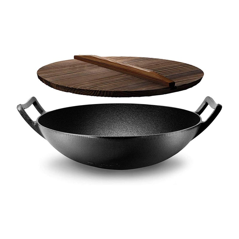 NutriChef Cast Iron Wok with Wooden Lid  PreSeasoned Chinese Wok for StirFry Compatible with Multiple Cooktops Including Induction Large 58 Qt Capacity 12 Diameter