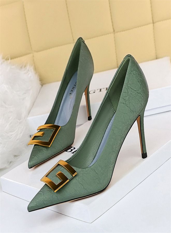 BIGTREE Pointed Metal Square Buckle High Heels 8.5CM Green - Image 1