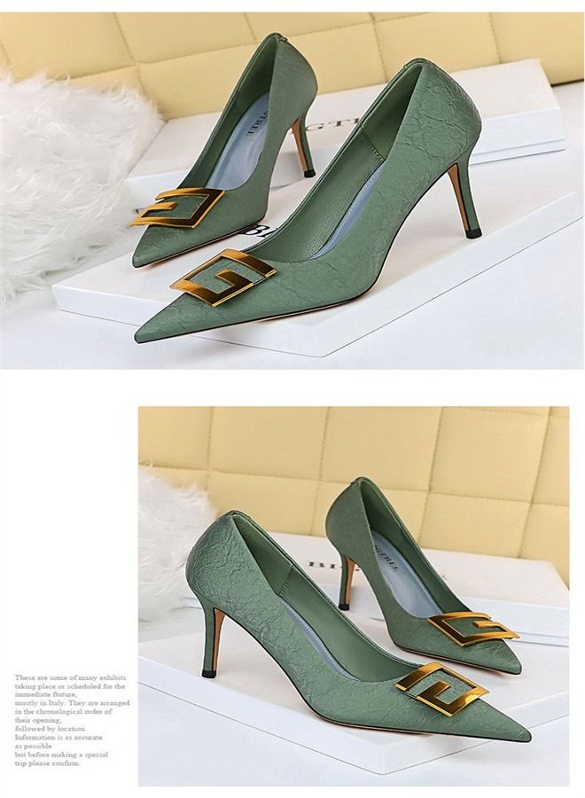 BIGTREE Pointed Metal Square Buckle High Heels 8.5CM Green - Image 3