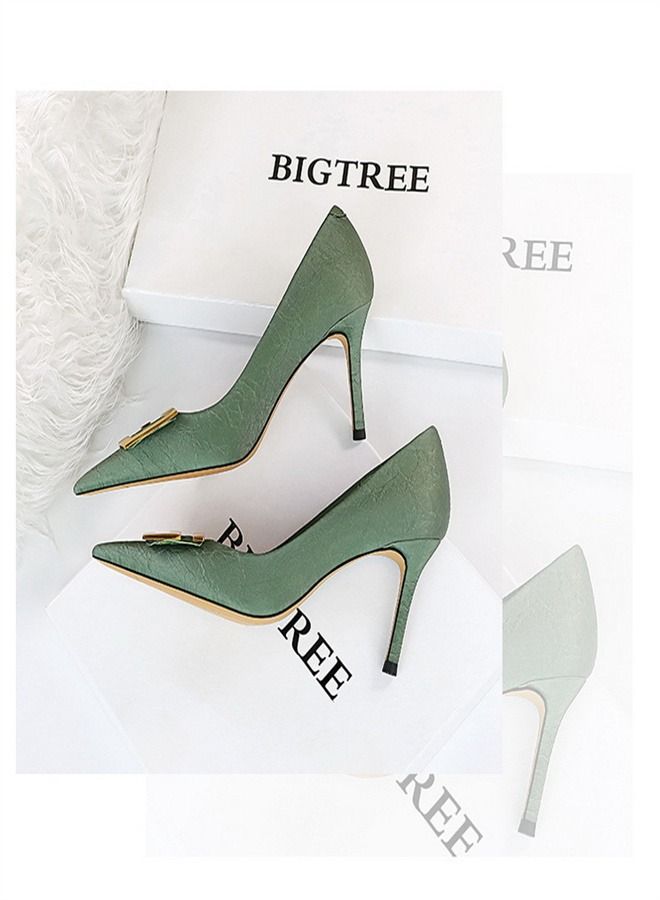 BIGTREE Pointed Metal Square Buckle High Heels 8.5CM Green - Image 2