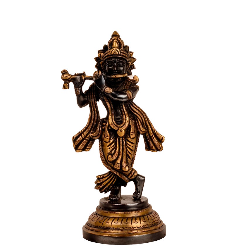 MohanJodero Mohan Jodero Elegant Brass Lord Krishna Idol in Antique Finish, Height 18 cm - Image 1