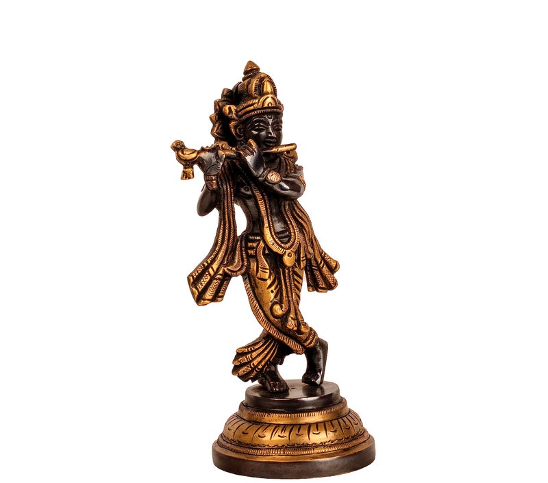 MohanJodero Mohan Jodero Elegant Brass Lord Krishna Idol in Antique Finish, Height 18 cm - Image 2
