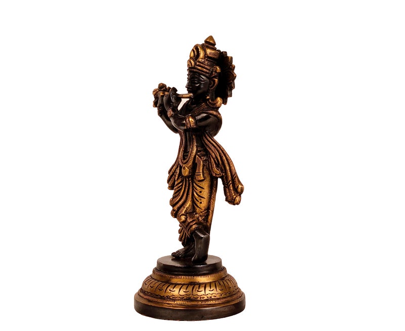 MohanJodero Mohan Jodero Elegant Brass Lord Krishna Idol in Antique Finish, Height 18 cm - Image 3