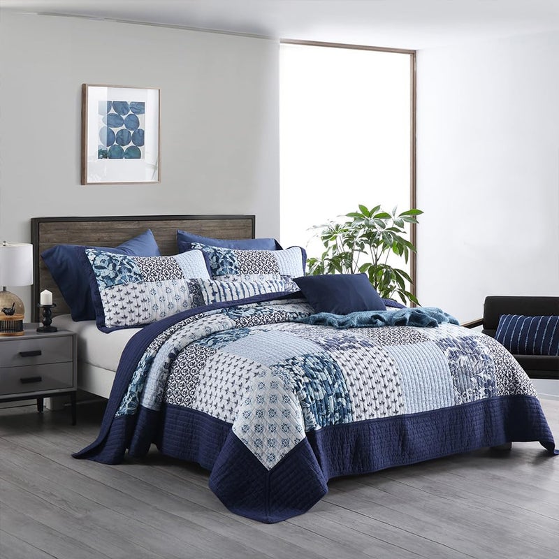 ENASAL Cotton Bedspread Quilt Sets Reversible Bedding Coverlet Sets Luxury Blue White Floral Real Patchwork Bedspread, Queen Size - Image 2
