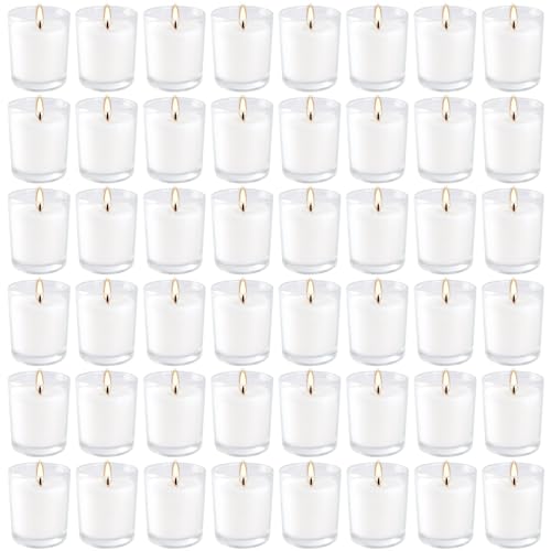 YOROXRG 48 Pack White Unscented Clear Glass Filled Votive Candles. Hand Poured Wax Candle Ideal Gifts for Aromatherapy Spa Weddings Birthdays Holidays Party (White) - Image 1