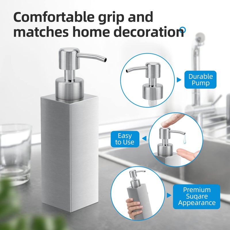 GLUBEE Stainless Steel Soap Dispenser, Rust-Proof Brushed Nickel Liquid Hand Dish Soap Dispenser Pump for Bathroom & Kitchen, 8.5 Oz/250ml Refillable Silver Modern Countertop Lotion Bottle (Square) - Image 3