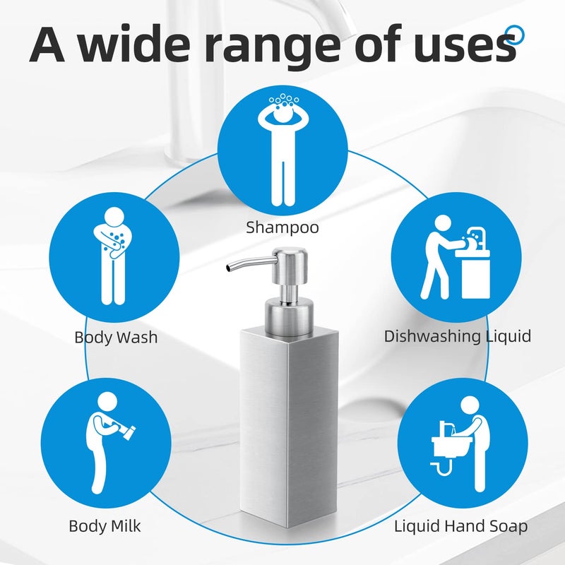 GLUBEE Stainless Steel Soap Dispenser, Rust-Proof Brushed Nickel Liquid Hand Dish Soap Dispenser Pump for Bathroom & Kitchen, 8.5 Oz/250ml Refillable Silver Modern Countertop Lotion Bottle (Square) - Image 5
