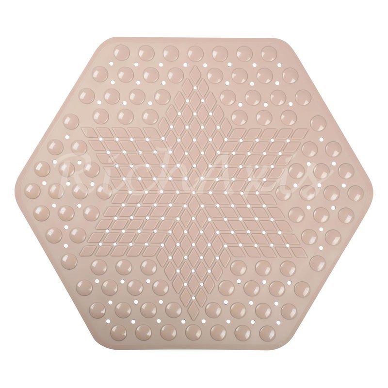 RichAxis Hexagonal Shower Bath mat for Bathroom Silicone Anti Slip Bathroom Floor mat with Suction Cups & Drain Holes (56x63 cm, Hexa-Beige) - Image 1