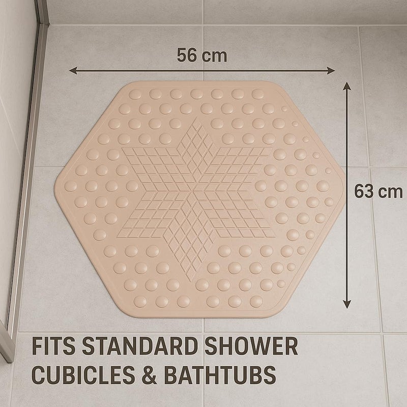 RichAxis Hexagonal Shower Bath mat for Bathroom Silicone Anti Slip Bathroom Floor mat with Suction Cups & Drain Holes (56x63 cm, Hexa-Beige) - Image 3