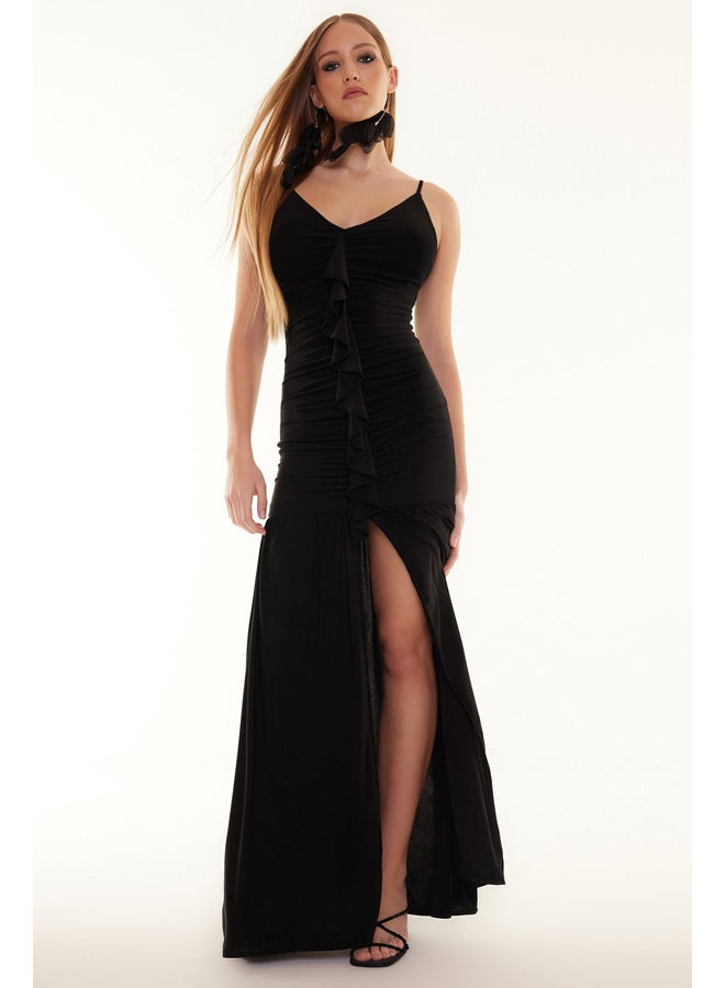 trendyol Black Body-Sitting Ruffle Long Evening Dress TPRSS24AE00015 - Image 3