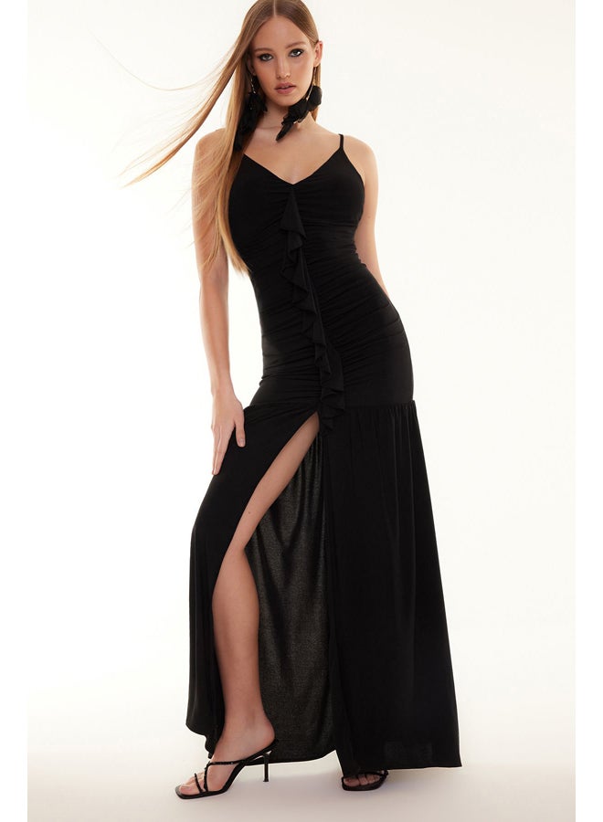 trendyol Black Body-Sitting Ruffle Long Evening Dress TPRSS24AE00015 - Image 2