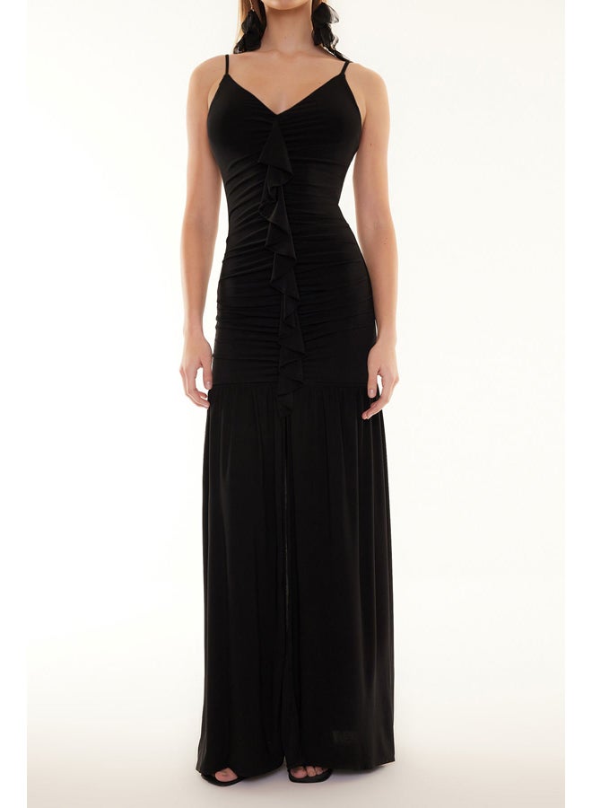 trendyol Black Body-Sitting Ruffle Long Evening Dress TPRSS24AE00015 - Image 4
