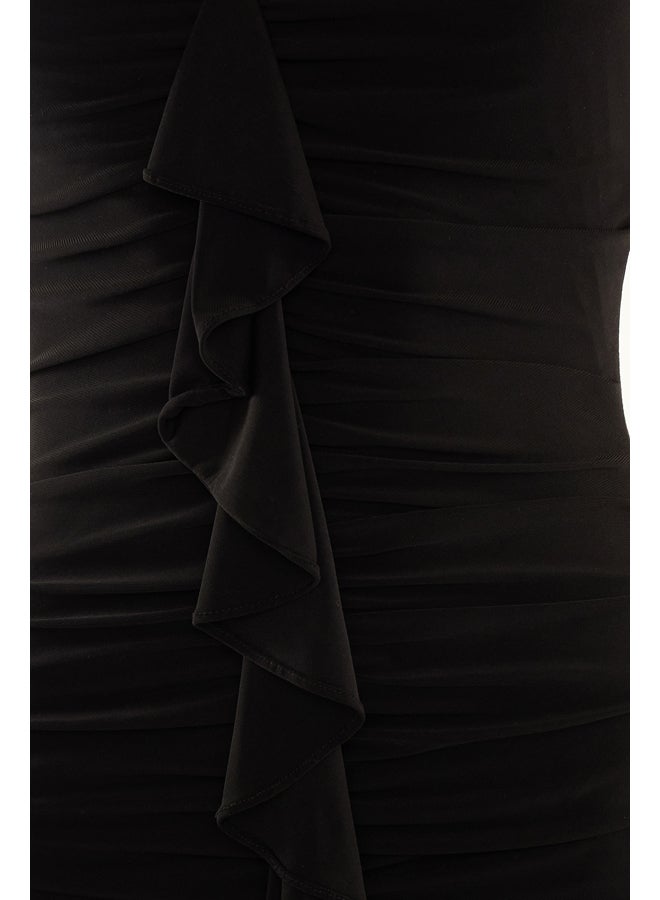 trendyol Black Body-Sitting Ruffle Long Evening Dress TPRSS24AE00015 - Image 5