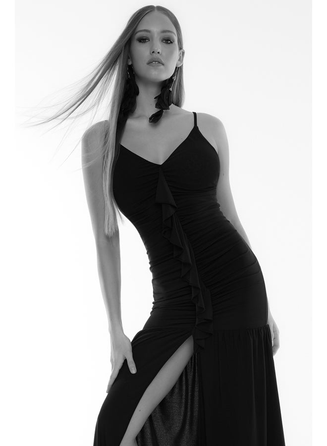 trendyol Black Body-Sitting Ruffle Long Evening Dress TPRSS24AE00015 - Image 1
