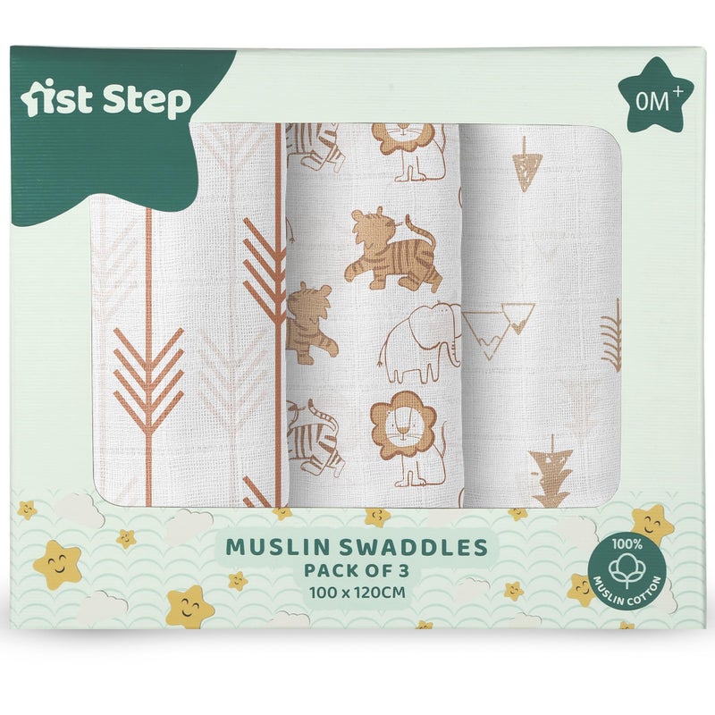1ST STEP 100% Cotton Muslin Baby Swaddle Set, Pack of 3, Size-120cm x 100cm (47"x39"), (Brown) - Image 1