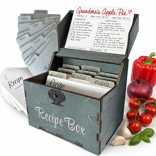 Albino monkey Wooden Recipe Box with 100 4x6 Cards and 9 Wood Dividers - Rustic Dark Teal Recipe Card Box Organizer & Family Recipe Keepsake - Bridal Shower & Housewarming Gift - Image 1