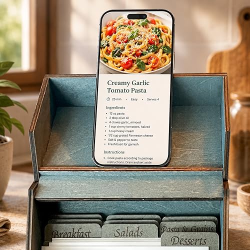 Albino monkey Wooden Recipe Box with 100 4x6 Cards and 9 Wood Dividers - Rustic Dark Teal Recipe Card Box Organizer & Family Recipe Keepsake - Bridal Shower & Housewarming Gift - Image 4