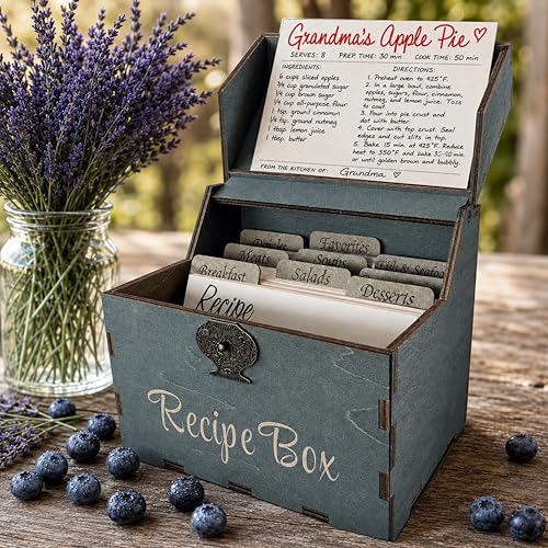 Albino monkey Wooden Recipe Box with 100 4x6 Cards and 9 Wood Dividers - Rustic Dark Teal Recipe Card Box Organizer & Family Recipe Keepsake - Bridal Shower & Housewarming Gift - Image 2