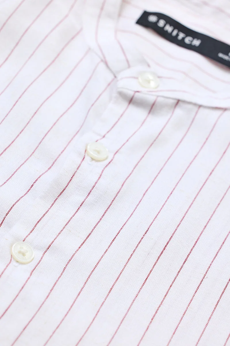 SNITCH Regular Fit Linen Blend Stripes White Shirt