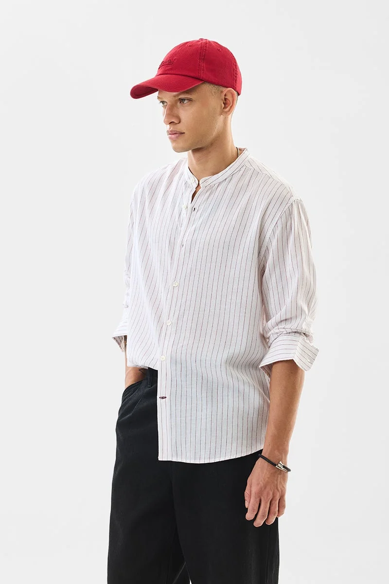 SNITCH Regular Fit Linen Blend Stripes White Shirt