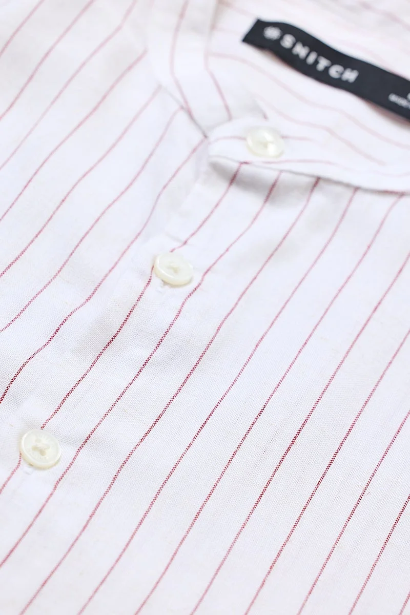 SNITCH Regular Fit Linen Blend Stripes White Shirt