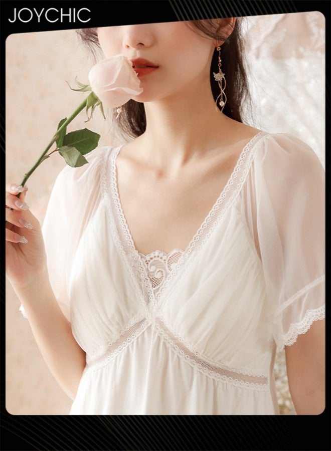 Joychic Palace Princess Sweet Women Nightgown Summer Knitted Cotton Breathable Short-sleeved Ladies Sleep Dress with Breast Pads White - Image 3
