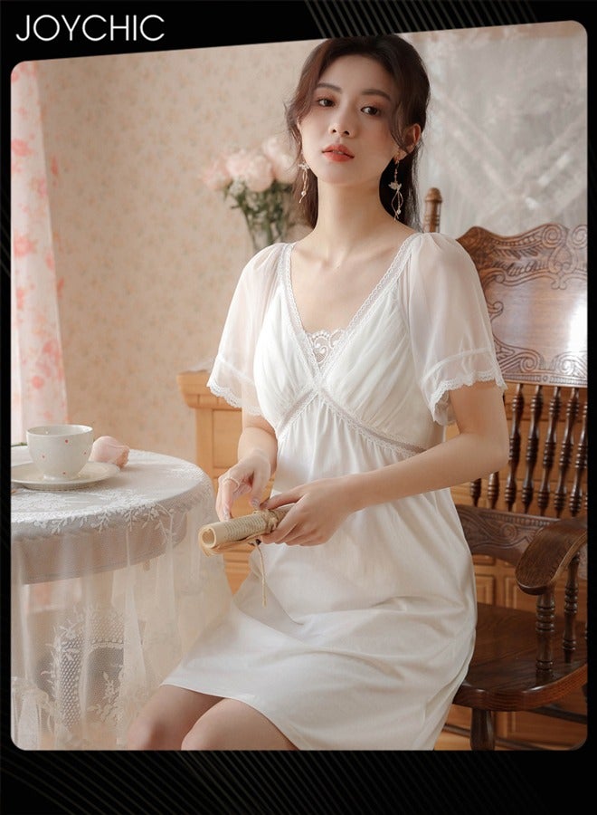 Joychic Palace Princess Sweet Women Nightgown Summer Knitted Cotton Breathable Short-sleeved Ladies Sleep Dress with Breast Pads White - Image 2