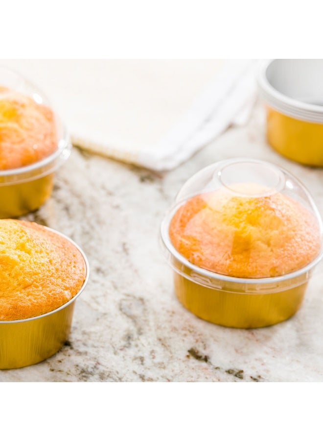 Restaurantware 4 Ounce Inch Mini Cake Pans, 100 Round Baking Cups - Disposable, With Dome Lids, Gold Aluminum Cake Pans, Lightweight, For Frosted Mini Desserts - Image 3