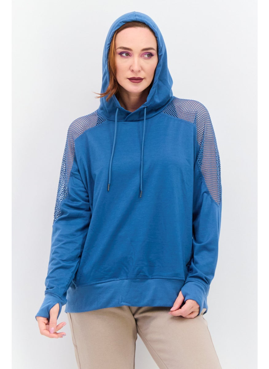 NINE WEST Women Sportswear Fit Long Sleeve Training Hoodies, Teal Blue  - Image 1