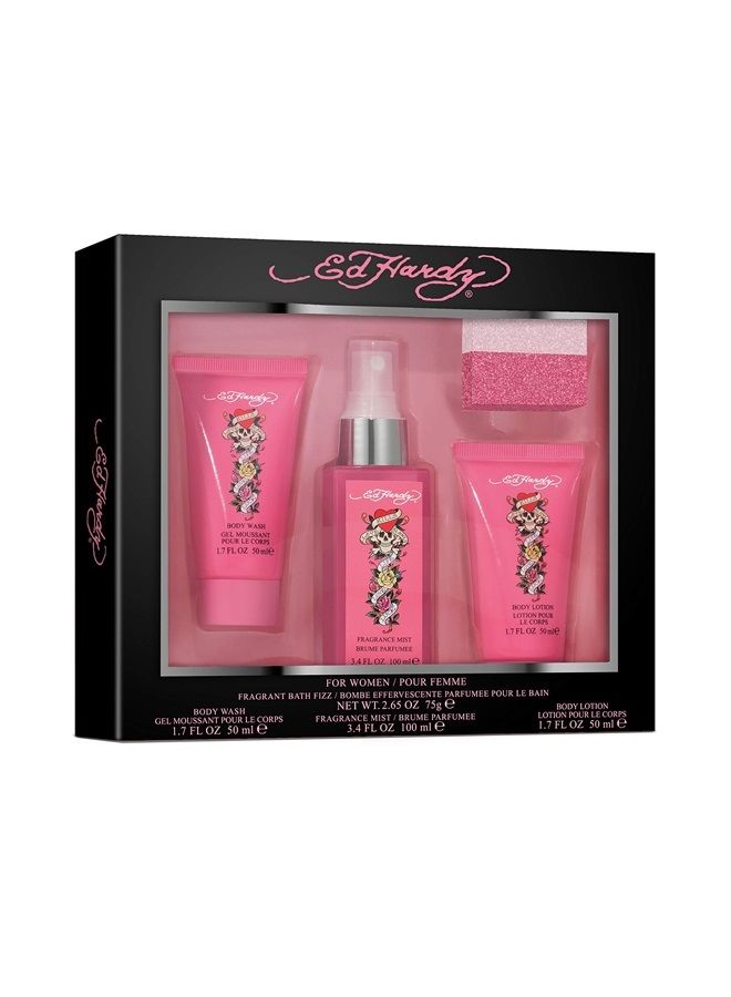 Ed Hardy Women's Perfume Fragrance Set, Body Lotion & Wash, Fragrance Mist and Bath Fizz, 4 Piece Bath Set - Image 1