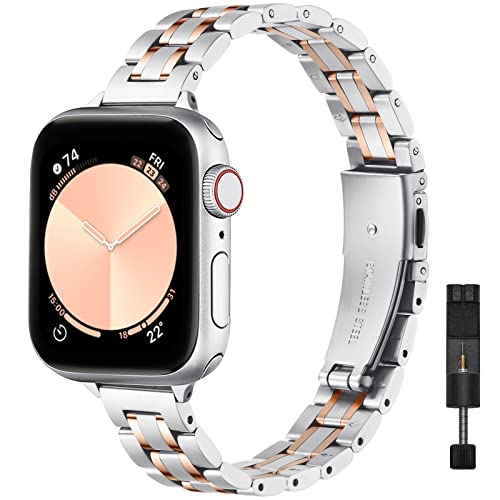 STIROLL Thin Replacement Band Compatible for Apple Watch 38mm 40mm 41mm 42mm(Series 11 10), Stainless Steel Metal Wristband Women Men for iWatch Ultra SE Series 9 8 7 6 5 4 3 2 1, Silver Rose Gold - Image 1