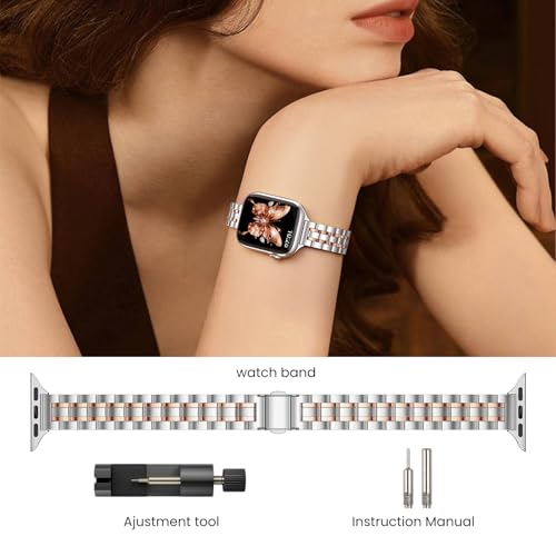STIROLL Thin Replacement Band Compatible for Apple Watch 38mm 40mm 41mm 42mm(Series 11 10), Stainless Steel Metal Wristband Women Men for iWatch Ultra SE Series 9 8 7 6 5 4 3 2 1, Silver Rose Gold - Image 4