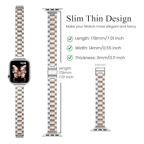 STIROLL Thin Replacement Band Compatible for Apple Watch 38mm 40mm 41mm 42mm(Series 11 10), Stainless Steel Metal Wristband Women Men for iWatch Ultra SE Series 9 8 7 6 5 4 3 2 1, Silver Rose Gold - Image 3