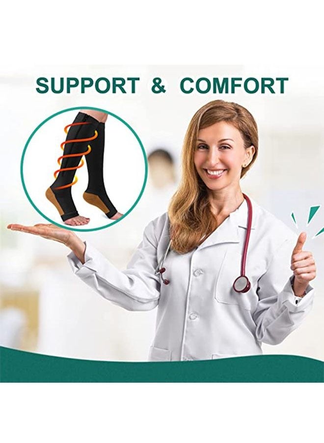 Ant 1 Pairs Copper Zipper Sport Compression Socks Knee High Open Toe, Comfort&Fatigue Relief for Women&Men, Calf Elastic Socks for Running Fitness Climb mountains Black(L/XL)  - Image 5