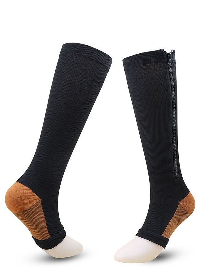 Ant 1 Pairs Copper Zipper Sport Compression Socks Knee High Open Toe, Comfort&Fatigue Relief for Women&Men, Calf Elastic Socks for Running Fitness Climb mountains Black(L/XL)  - Image 1