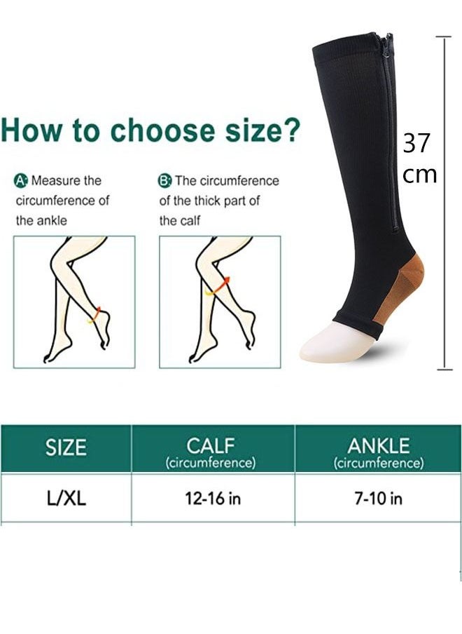 Ant 1 Pairs Copper Zipper Sport Compression Socks Knee High Open Toe, Comfort&Fatigue Relief for Women&Men, Calf Elastic Socks for Running Fitness Climb mountains Black(L/XL)  - Image 2